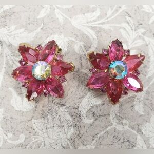 Vintage Pink Navette  Rhinestone Earrings Clip On